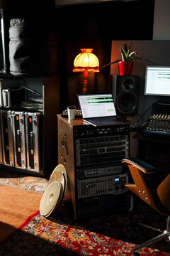 Cozy music studio with audio equipment