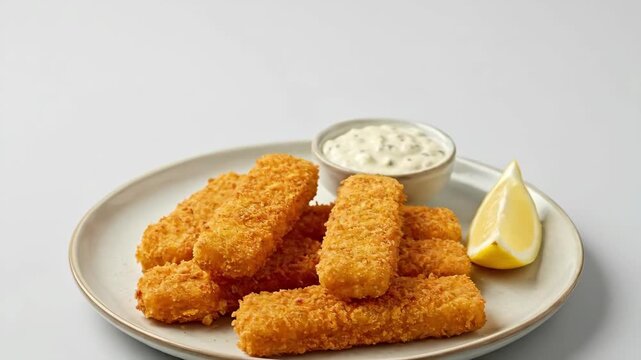 Breaded Fish Fingers with Tartare Sauce and Lemon Wedge on Plate
