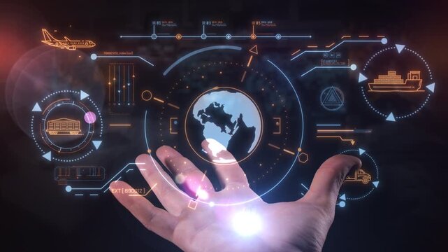 Hand interacting with global logistics supply chain hologram