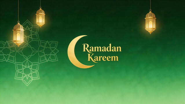 Ramadan Kareem greeting card design features glowing lanterns, crescent moon, geometric Islamic patterns on green gradient background. Perfect for Muslim religious festival celebration.