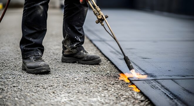Flat Roof Waterproofing: Construction worker using torch to apply bitumen membrane on rooftop, industrial roofing installation, building maintenance, home renovation, protection and safety concept