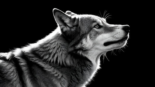 Minimalist black and white photograph of a lone wolf in profile against a deep black background capturing its intensity