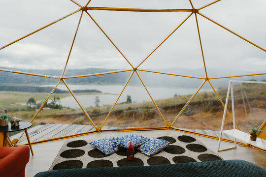 Glamping geodesic dome tent interior 