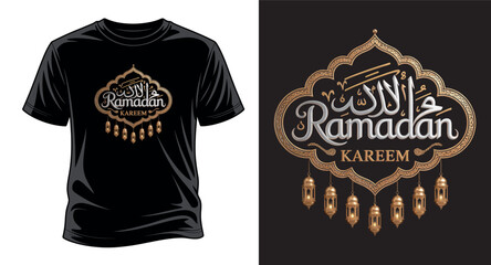 Ramadan kareem golden islamic calligraphy t-shirt design with ornamental frame and hanging lanterns on black vector art print templet