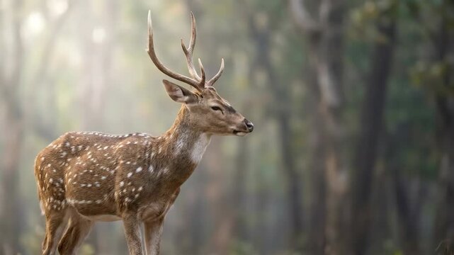 Spotted Deer Standing in Nature Forest with Antlers and Soft Lighting 4K
