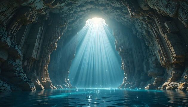 Mystical Sapphire Cavern in Dramatic Volumetric Light