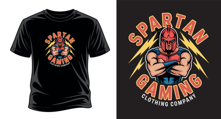 Spartan gaming clothing company t shirt design with warrior and lightning