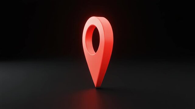 Three-dimensional red location pin icon on reflective dark surface, dramatic black background symbolizing navigation and digital mapping.