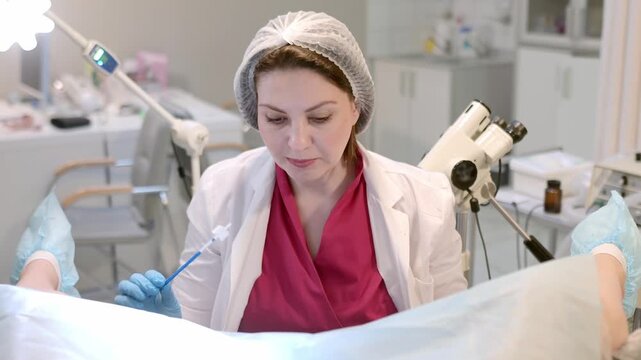 Gynecologist examines a patient laying on gynecological chair using medical vaginal speculum. Doctor takes pap smear test from a young woman cervix. Diagnosis of diseases. Woman reproductive health.