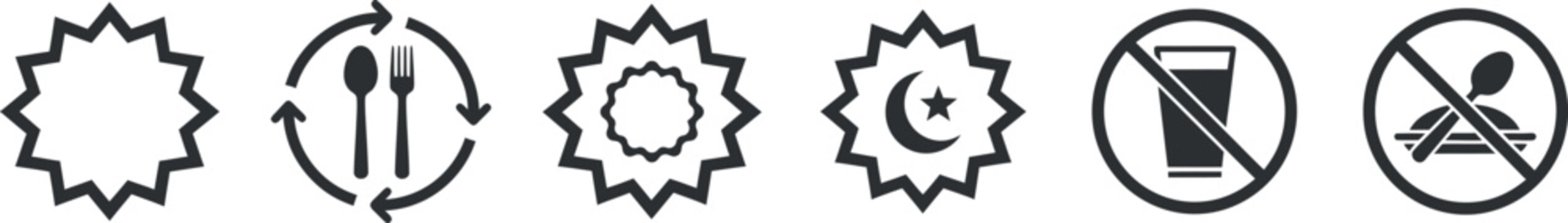 Ramadan fasting rules vector icon set featuring no eating and no drinking signs with plate fork and water glass symbols alongside Islamic star and crescent shapes for religious guides and UI design.