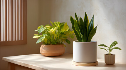 Fototapeta premium Decorative Potted Plants Grace a Sunlit Tabletop, Adding Greenery and Life Indoors
