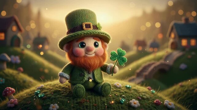Knitted leprechaun doll waving a shamrock in a magical spring landscape, creating a lucky St Patrick day concept.