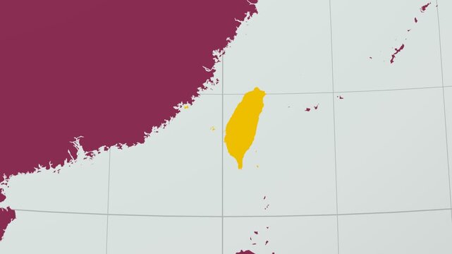 Taiwan map. Animated zoom into the country on the Globe in Pale Mint Dark Pink color palette. Country logo animation with round text and airplanes. Map with meridians, parallels. Awesome video.