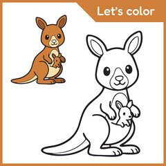 Cute cartoon kangaroo with joey coloring page for kids with color reference