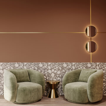 Living lounge room interior design with mocha mousse color trend wall