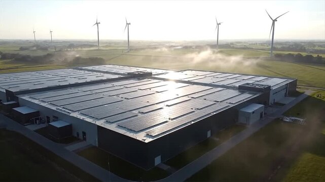 Aerial view of sustainable warehouse with solar panels and wind turbines in green field achieving carbon neutral shipping