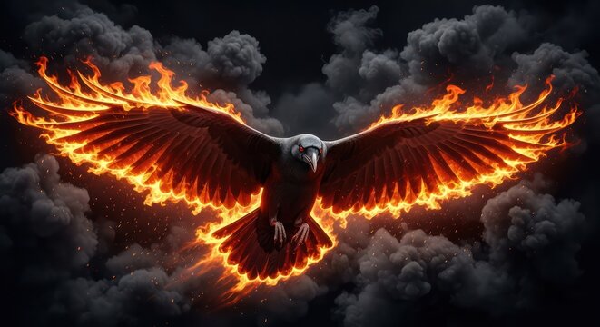 Mythical Phoenix Bird Flaming Wings Flying Dark Sky Smoke