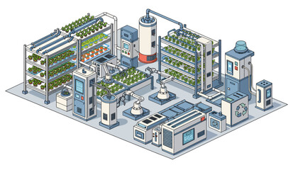 Isometric illustration of an industrial facility with various machinery and equipment.