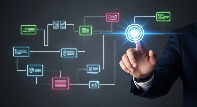 Businessman touches glowing digital flowchart on dark background, technology concept