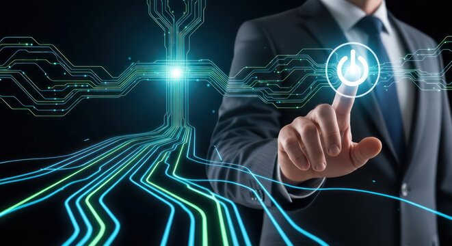 Businessman pressing glowing power button on futuristic digital circuit board