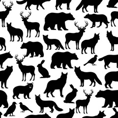 Fototapeta premium Seamless Pattern of Diverse Wildlife Silhouettes on White Background 3.