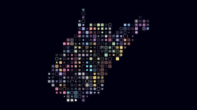 West Virginia animated shape. Pulsating colored dots on the map of the state. Large size rounded square blocks. Digital style West Virginia map on dark background. Plain animation video.
