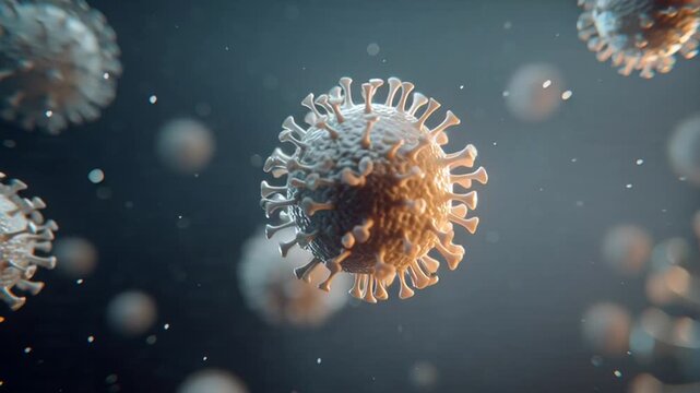 Microscopic View of Coronavirus Particles Floating in Dark Background