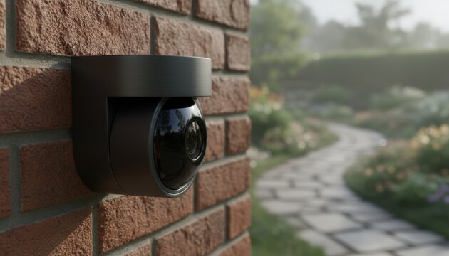 Outdoor security camera mounted on brick wall, monitoring garden pathway with blurred background.
