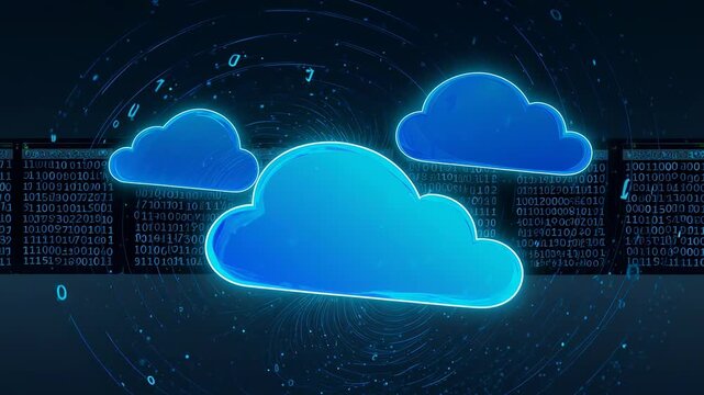 Three glowing blue cloud icons with binary code strip background, symbolizing cloud computing, data storage, and digital infrastructure.