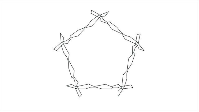 A minimalist line art illustration of a barbwire fence in a circular shape with sharp points and twisted metal wires
