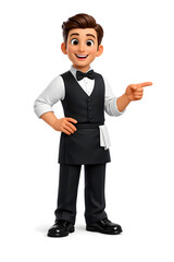 Obraz premium A cheerful animated male waiter in a tuxedo pointing and smiling.