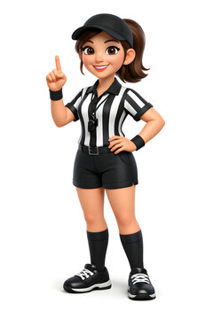Young female cartoon referee pointing with a smile, wearing black and white striped uniform.