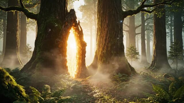 A mystical glowing portal opens between two ancient, majestic trees in an ethereal, fog-laden fantasy forest, beckoning to an unknown realm