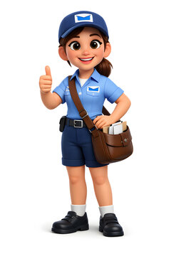 A cheerful female mail carrier character giving a thumbs up.