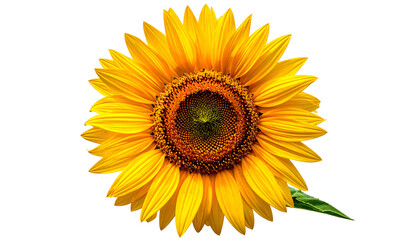 Fototapeta premium Isolated, vibrant sunflower with bright yellow petals, detailed center, and a single leaf