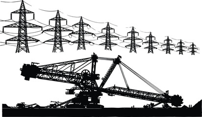 Silhouette of bucket wheel excavator beneath high-voltage transmission towers, energy infrastructure landscape, power lines and mining machinery concept for electricity generation and industry 