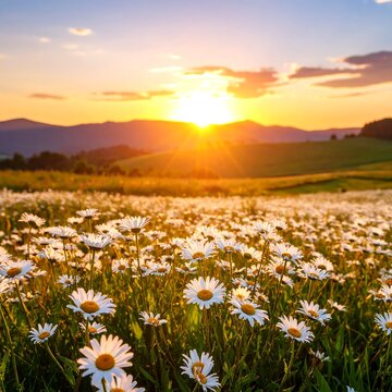 A vibrant sunset bathes a field of white daisies. Mountains rise in the distance as the sun's rays burst through the clouds. The warm colors evoke peace
