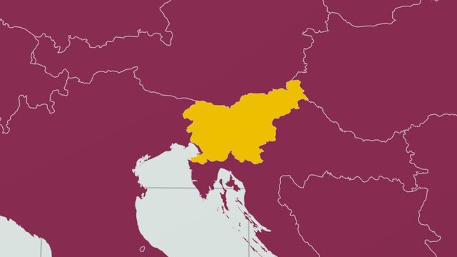 Slovenia map. Animated zoom into the country on the Globe in Pale Mint Dark Pink color palette. Country logo animation with round text and airplanes. Map with meridians, parallels. Awesome video.