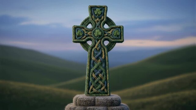 Knitted celtic cross with shamrock pattern on stone pedestal with rolling hills and changing sky in background for St Patrick day.