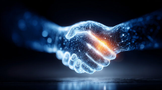 Digital handshake made of glowing network lines representing partnership, trust, and secure technology collaboration.

