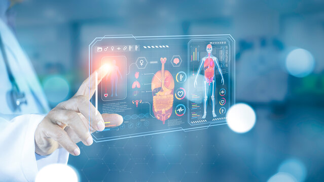 Doctor using digital medical interface with human body hologram and health data analysis. Concept of longevity, preventive healthcare, medical technology, health monitoring, diagnostics medicine.