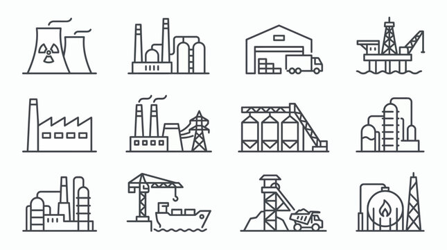 Set of industrial line icons featuring nuclear power plants, factories, warehouses and oil rigs, concept for manufacturing infographics, logistics planning and environmental engineering