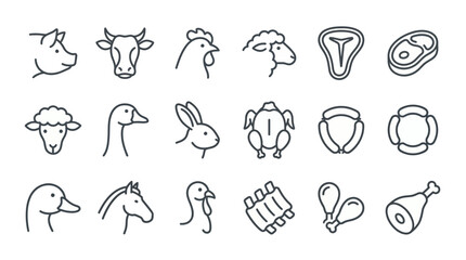 Fototapeta premium Set of minimalist line icons featuring livestock farm animals and processed meat products on white background, concept for butchery signage, restaurant menu design and food industry branding