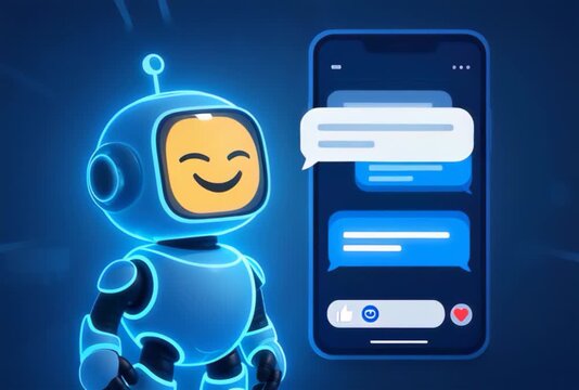 robot, AI, smiley, yellow, blue, assistant, chatbot, chat, message, bubble, thumbs up, emoji, heart, like, smartphone, mobile, phone, app, interface, technology, digital, futuristic, automation, bot, 