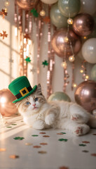 Ragdoll kitten with blue eyes wearing leprechaun hat lying down. St. Patrick's Day celebration with rose gold balloons and shamrock confetti. Festive Irish holiday pet portrait