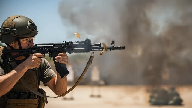 Man firing automatic rifle, ejected cartridges, muzzle flash, explosion, smoke, target practice