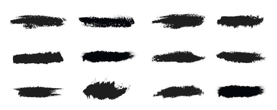 Grunge paint brush stroke texture set. Rough black ink smear and distressed swash marks. Vector design elements.