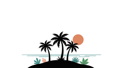 Silhouette of palm trees on a small island with a sunset over the ocean.