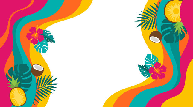 Vibrant tropical summer background with colorful wavy lines, pineapple, coconut, and hibiscus flowers.