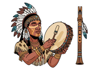 Obraz premium Native American man with drum and flute.